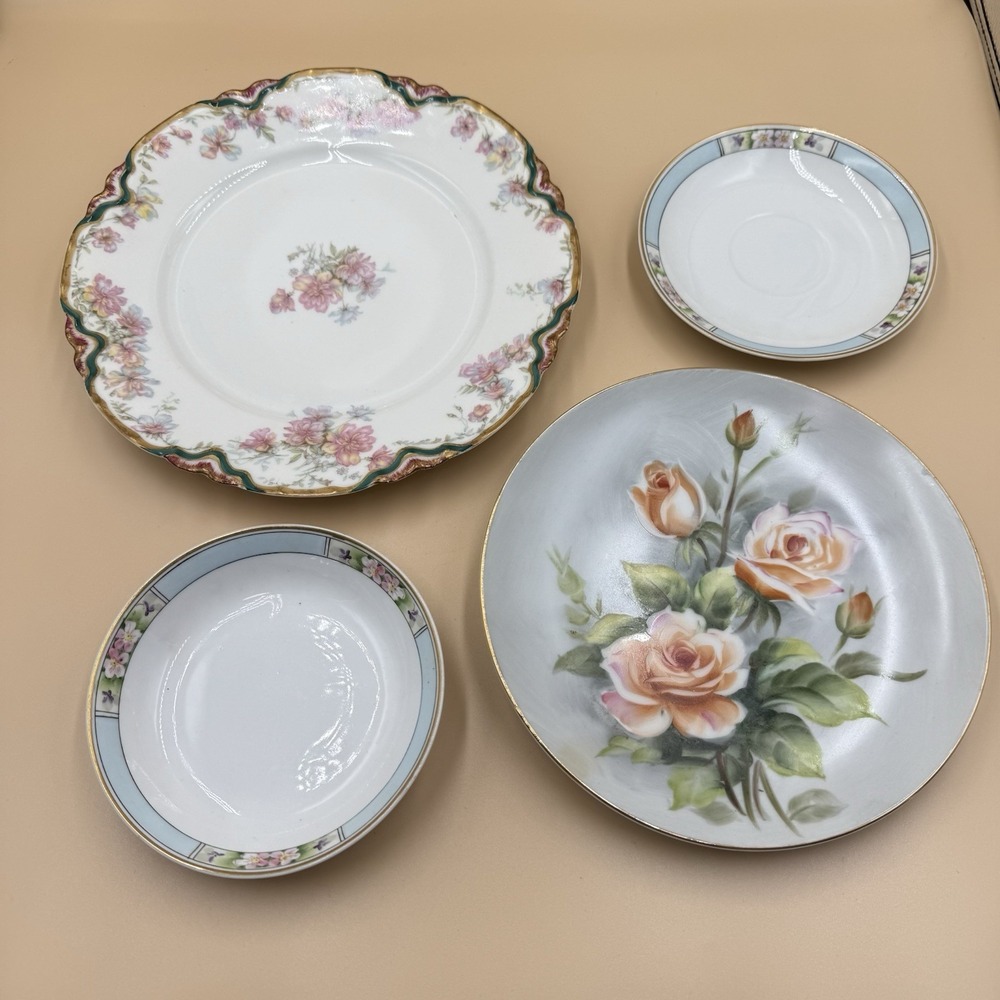 Vintage Floral Decorative Plates Lot 4 Haviland Limoges Nippon Pink Blue Gold